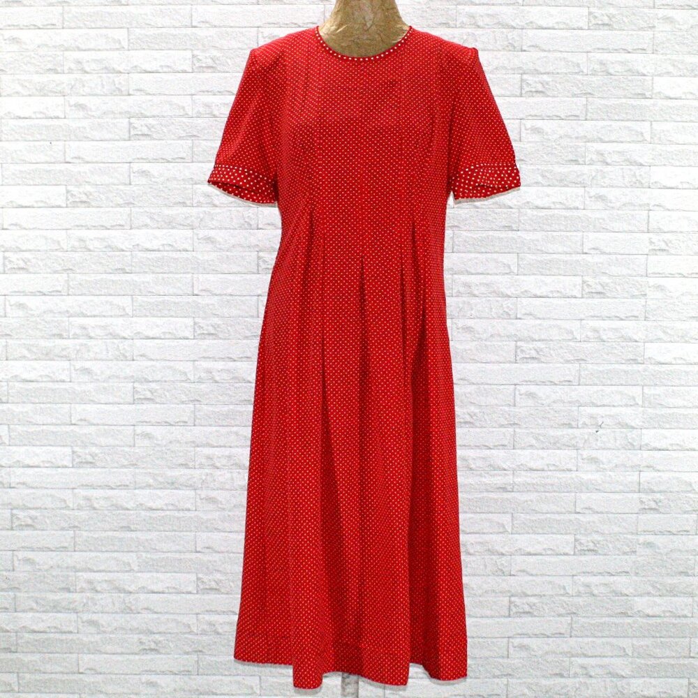 VINTAGE Dress Polka Dot Classic Cottagecore Pleated Midi Red White Medium